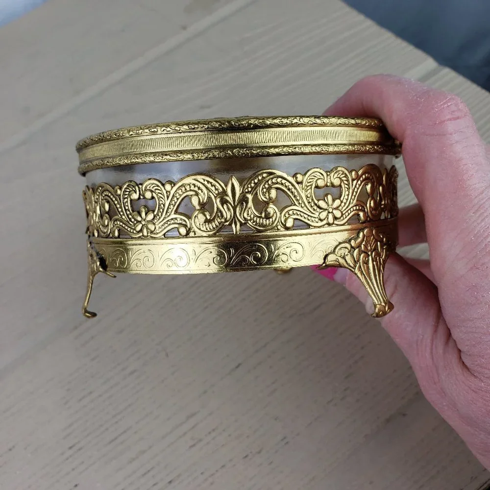 Vtg Gold Glass Trinket Holder